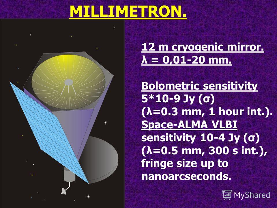 43 12 m cryogenic mirror. λ = 0,01-20 mm. Bolometric sensitivity 5*10-9 Jy (σ) (λ=0.3 mm, 1 hour int.). Space-ALMA VLBI sensitivity 10-4 Jy (σ) (λ=0.5 mm, 300 s int.), fringe size up to nanoarcseconds. MILLIMETRON.
