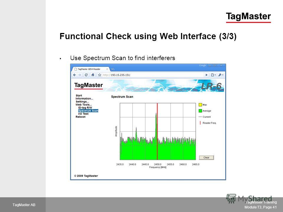 TagMaster Training Module T3, Page 41 TagMaster AB Functional Check using Web Interface (3/3) Use Spectrum Scan to find interferers