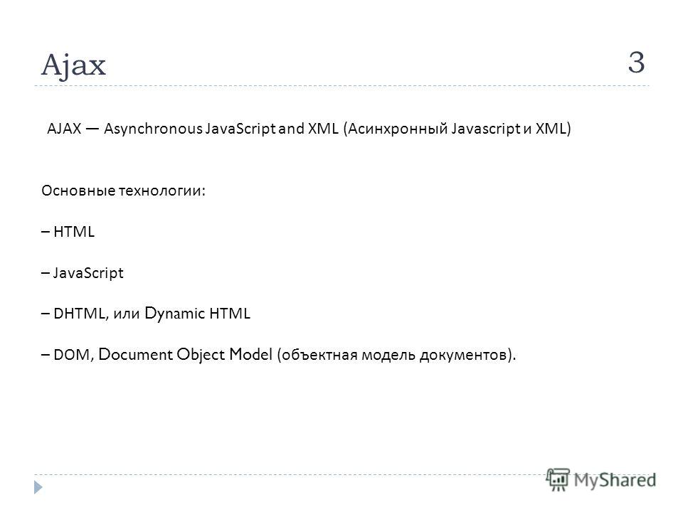 Ajax 3 AJAX Asynchronous JavaScript and XML ( Асинхронный Javascript и XML) Основные технологии : – HTML – JavaScript – DHTML, или Dynamic HTML – DOM, Document Object Model ( объектная модель документов ).