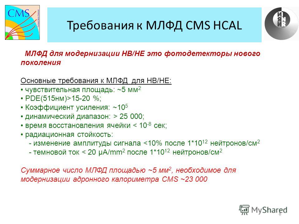 Требования к МЛФД CMS HCAL 8 МЛФД для модернизации HB/HE это фотодетекторы нового поколения Основные требования к МЛФД для HB/HE: чувствительная площадь: ~5 мм 2 PDE(515нм)>15-20 %; Коэффициент усиления: ~10 5 динамический диапазон: > 25 000; время в