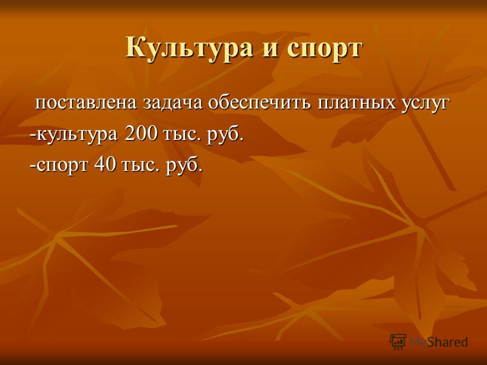 Культура и спорт поставлена задача обеспечить платных услуг поставлена задача обеспечить платных услуг -культура 200 тыс. руб. -спорт 40 тыс. руб.