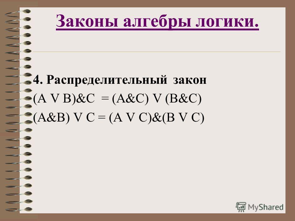 Законы алгебры логики. 4. Распределительный закон (A V B)&C = (A&C) V (B&C) (A&B) V C = (A V C)&(B V C)