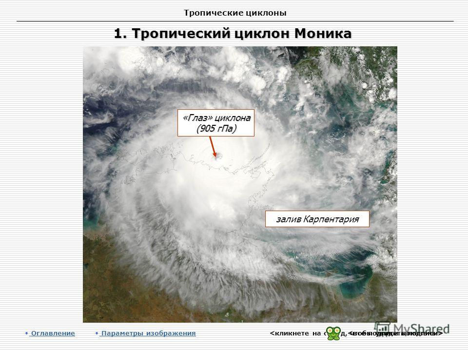Тропические циклоны 1. Тропический циклон Моника Оглавление Оглавление Параметры изображения залив Карпентария «Глаз» циклона (905 гПа)
