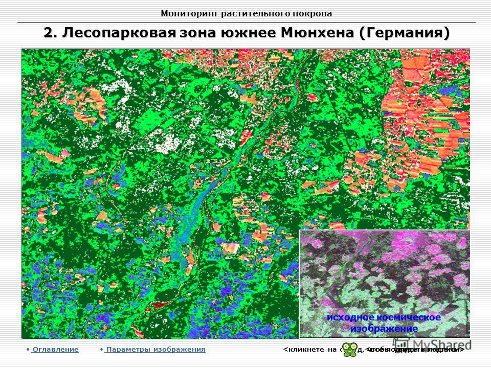 Мониторинг растительного покрова 2. Лесопарковая зона южнее Мюнхена (Германия) Оглавление Параметры изображения исходное космическое изображение
