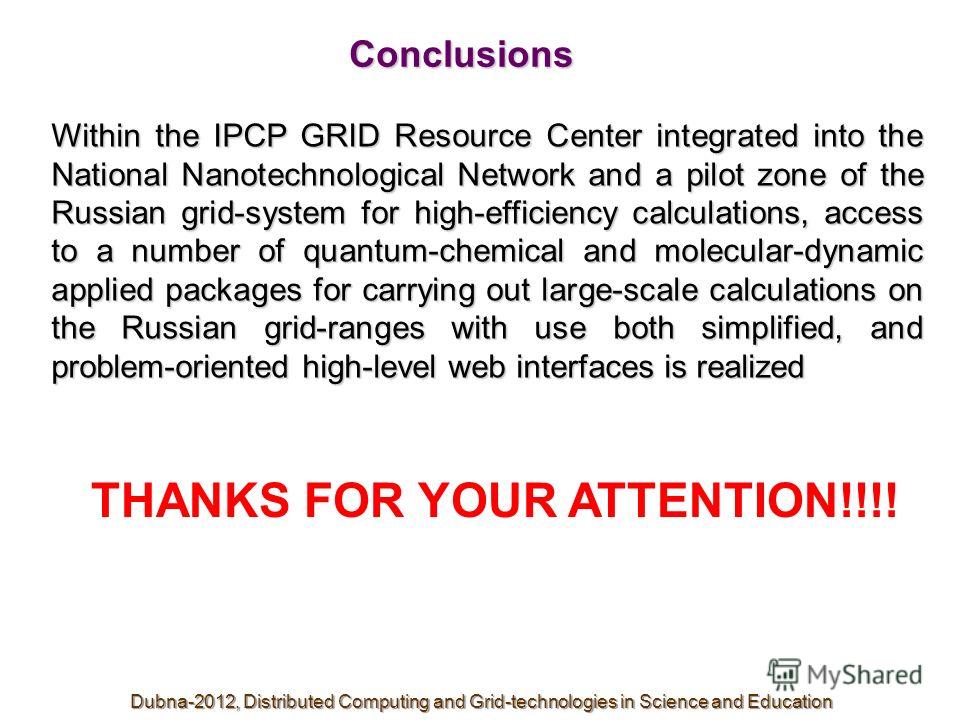 Within the IPCP GRID Resource Center integrated into the National Nanotechnological Network and a pilot zone of the Russian grid-system for high-efficiency calculations, access to a number of quantum-chemical and molecular-dynamic applied packages fo