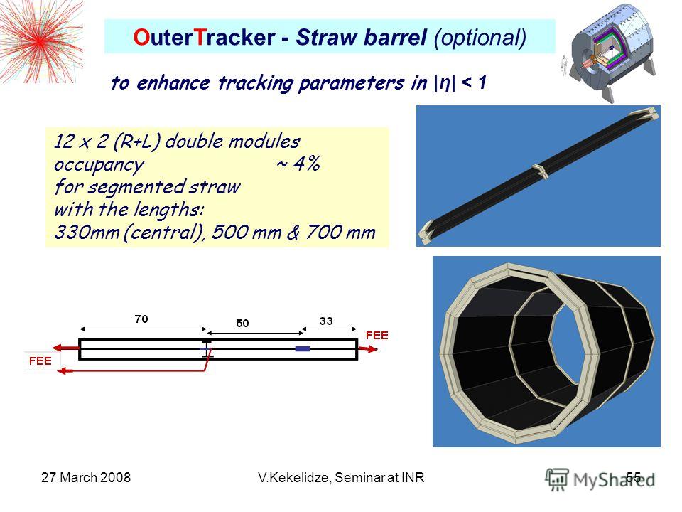 27 March 2008V.Kekelidze, Seminar at INR55 12 x 2 (R+L) double modules occupancy ~ 4% for segmented straw with the lengths: 330mm (central), 500 mm & 700 mm OuterTracker - Straw barrel (optional) to enhance tracking parameters in |η| < 1