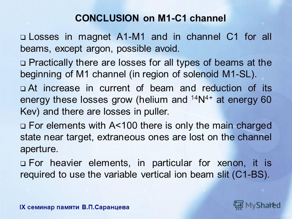 IX семинар памяти В.П.Саранцева 15 CONCLUSION on M1-C1 channel Losses in magnet A1-M1 and in channel C1 for all beams, except argon, possible avoid. Practically there are losses for all types of beams at the beginning of M1 channel (in region of sole