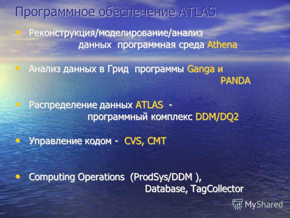 Программное обеспечение ATLAS Реконструкция/моделирование/анализ Реконструкция/моделирование/анализ данных программная среда Athena данных программная среда Athena Анализ данных в Грид программы Ganga и Анализ данных в Грид программы Ganga и PANDA PA