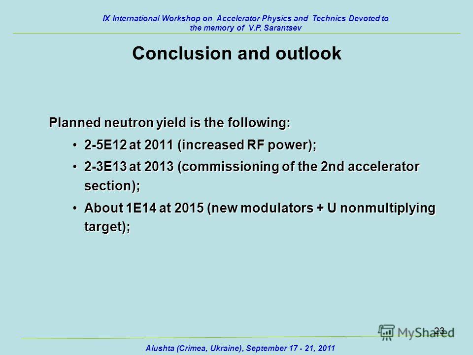 23 Conclusion and outlook Planned neutron yield is the following: 2-5E12 at 2011 (increased RF power);2-5E12 at 2011 (increased RF power); 2-3E13 at 2013 (commissioning of the 2nd accelerator section);2-3E13 at 2013 (commissioning of the 2nd accelera