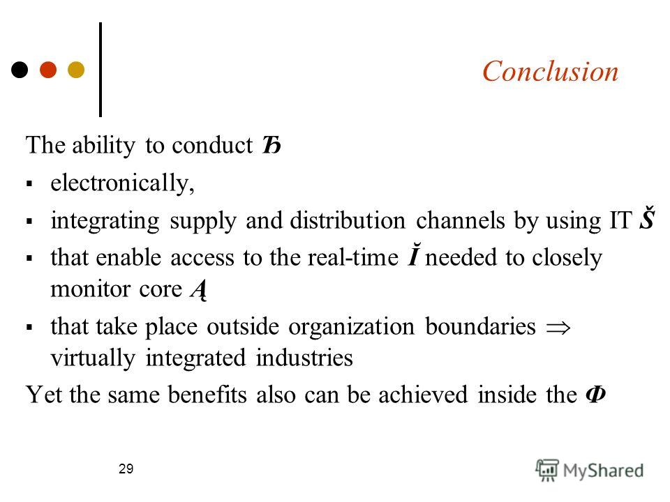 Conclusion The ability to conduct Ђ electronically, integrating supply and distribution channels by using IT Š that enable access to the real-time Ĭ needed to closely monitor core Ą that take place outside organization boundaries virtually integrated