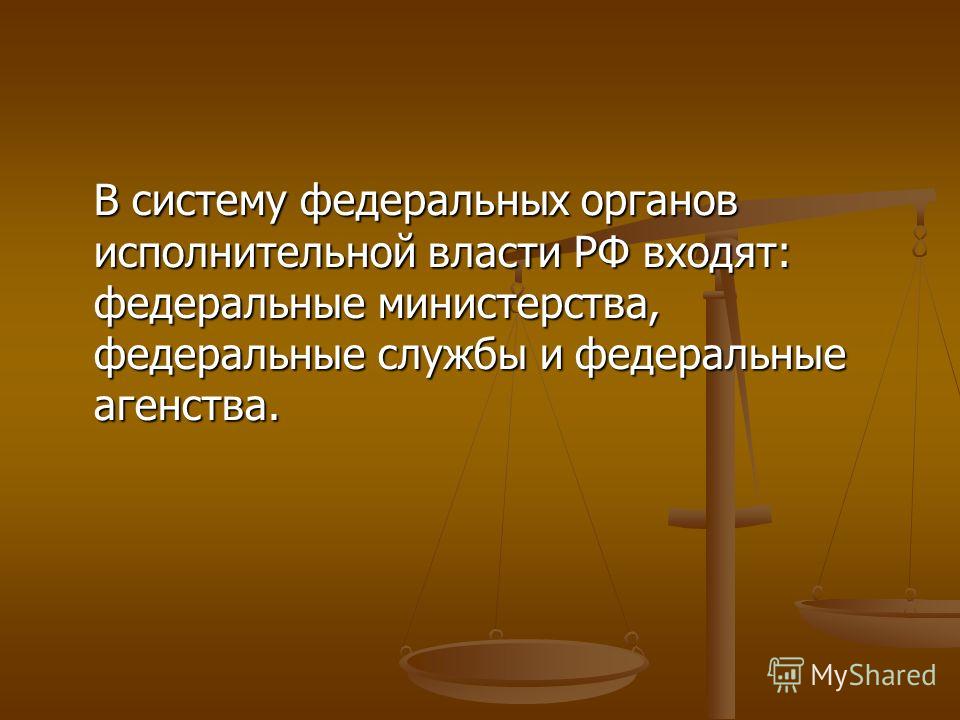 В систему федеральных органов исполнительной власти РФ входят: федеральные министерства, федеральные службы и федеральные агенства.