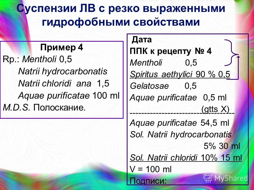 Суспензии ЛВ с резко выраженными гидрофобными свойствами Пример 4 Rp.: Mentholi 0,5 Natrii hydrocarbonatis Natrii chloridi ana 1,5 Aquae purificatae 100 ml M.D.S. Полоскание. Дата ППК к рецепту 4 Mentholi 0,5 Spiritus aethylici 90 % 0,5 Gelatosae 0,5