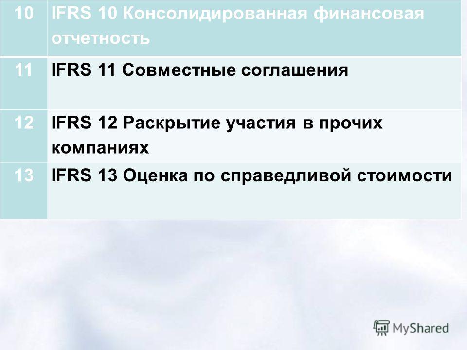 10 IFRS 10 Консолидированная финансовая отчетность 11IFRS 11 Совместные соглашения 12 IFRS 12 Раскрытие участия в прочих компаниях 13IFRS 13 Оценка по справедливой стоимости