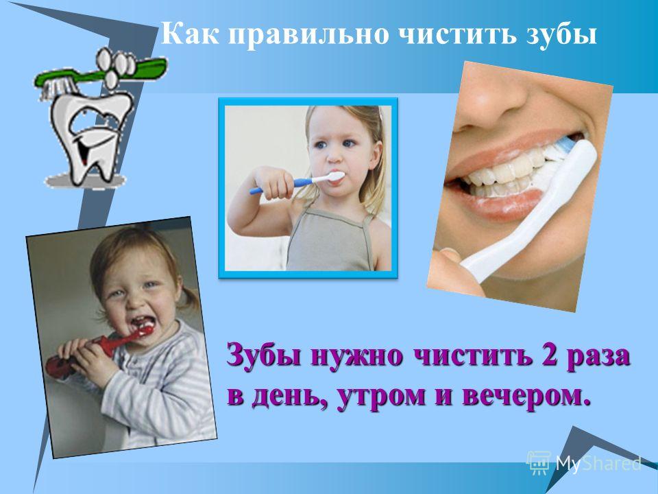 Как правильно чистить зубы Зубы нужно чистить 2 раза в день, утром и вечером.