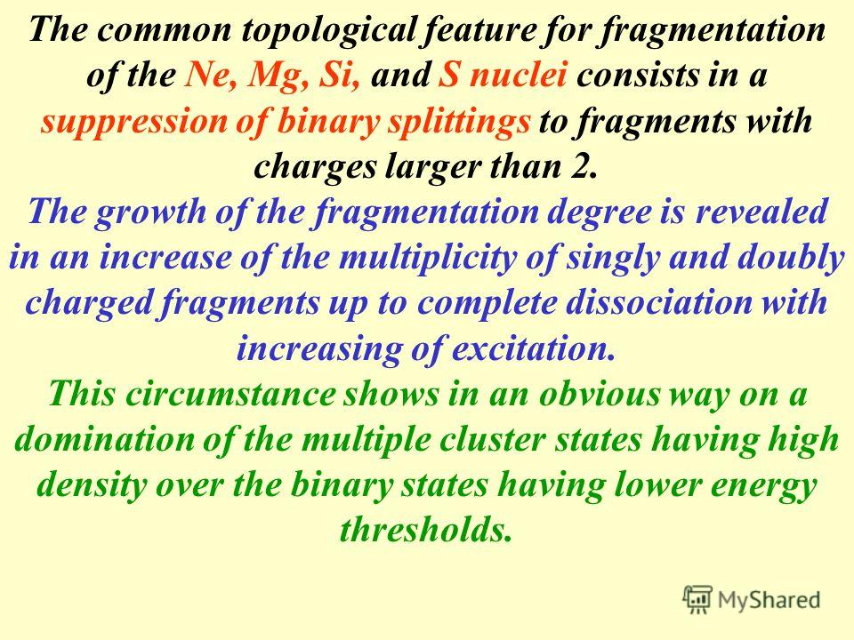The common topological feature for fragmentation of the Ne, Mg, Si, and S nuclei consists in a suppression of binary splittings to fragments with charges larger than 2. The growth of the fragmentation degree is revealed in an increase of the multipli