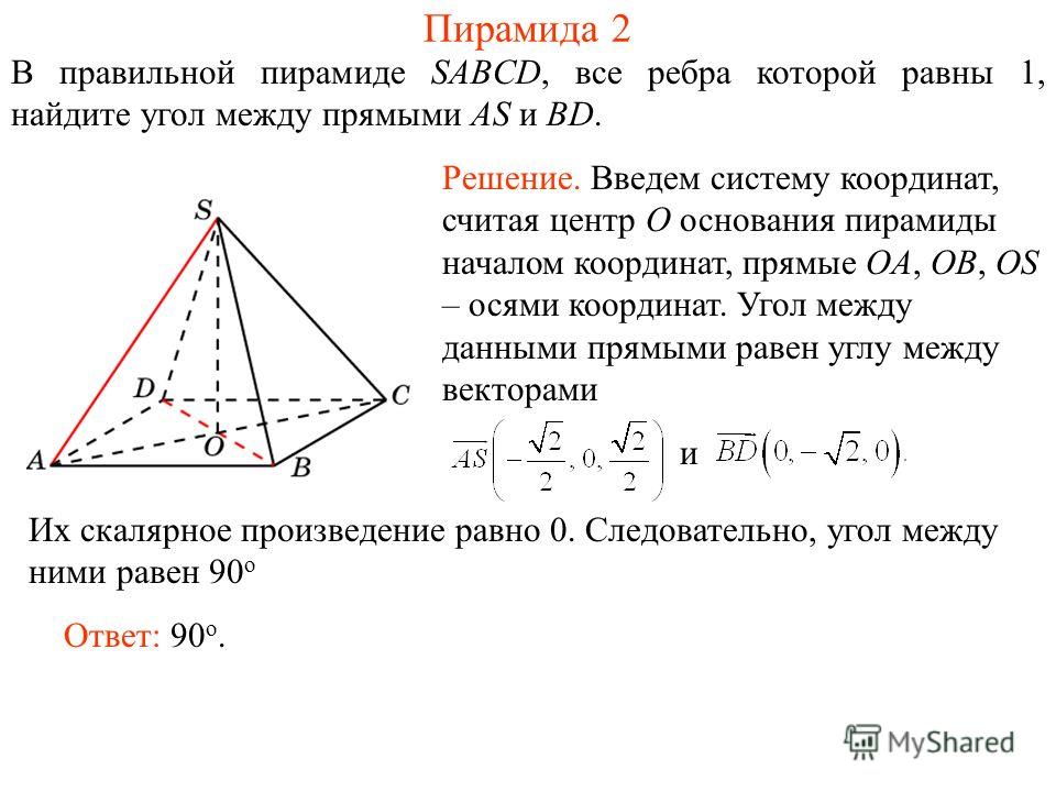 В правильной пирамиде SABCD, все ребра которой равны 1, найдите угол между прямыми AS и BD. Пирамида 2 Ответ: 90 о. Решение. Введем систему координат, считая центр O основания пирамиды началом координат, прямые OA, OB, OS – осями координат. Угол межд