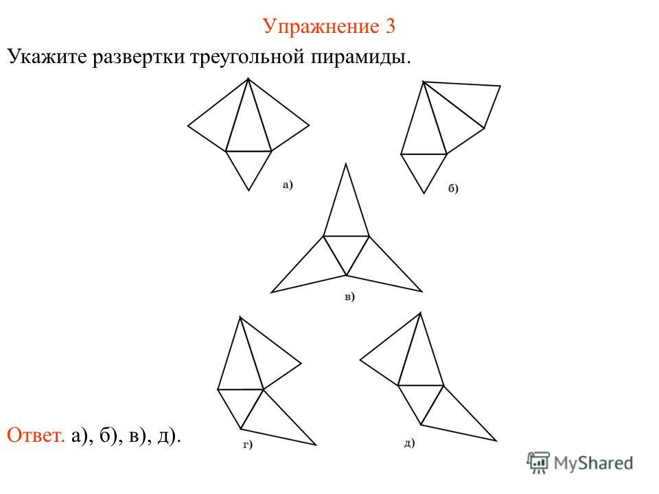 Упражнение 3 Укажите развертки треугольной пирамиды. Ответ. а), б), в), д).