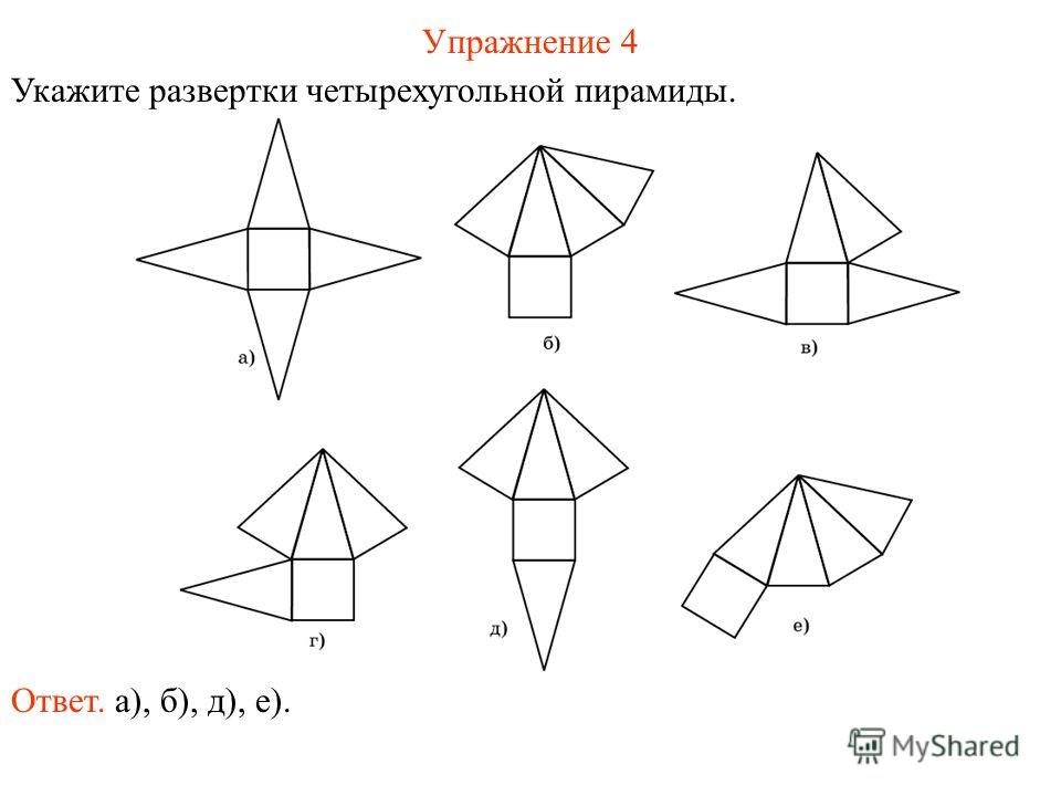 Упражнение 4 Укажите развертки четырехугольной пирамиды. Ответ. а), б), д), е).