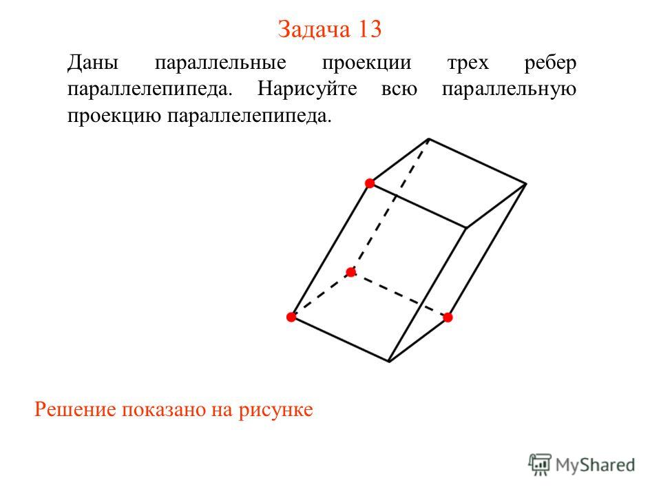 Задача 13 Даны параллельные проекции трех ребер параллелепипеда. Нарисуйте всю параллельную проекцию параллелепипеда. Решение показано на рисунке