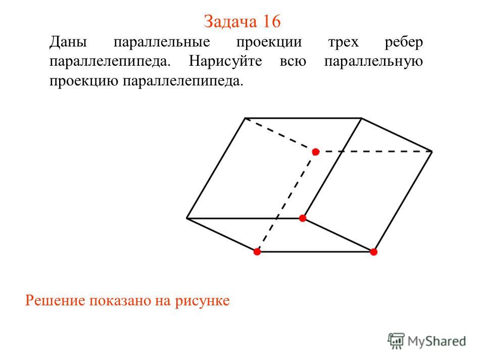 Задача 16 Даны параллельные проекции трех ребер параллелепипеда. Нарисуйте всю параллельную проекцию параллелепипеда. Решение показано на рисунке