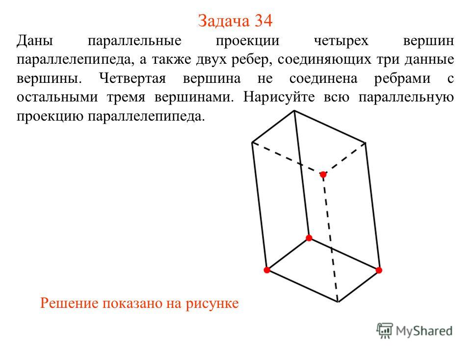 Задача 34 Даны параллельные проекции четырех вершин параллелепипеда, а также двух ребер, соединяющих три данные вершины. Четвертая вершина не соединена ребрами с остальными тремя вершинами. Нарисуйте всю параллельную проекцию параллелепипеда. Решение