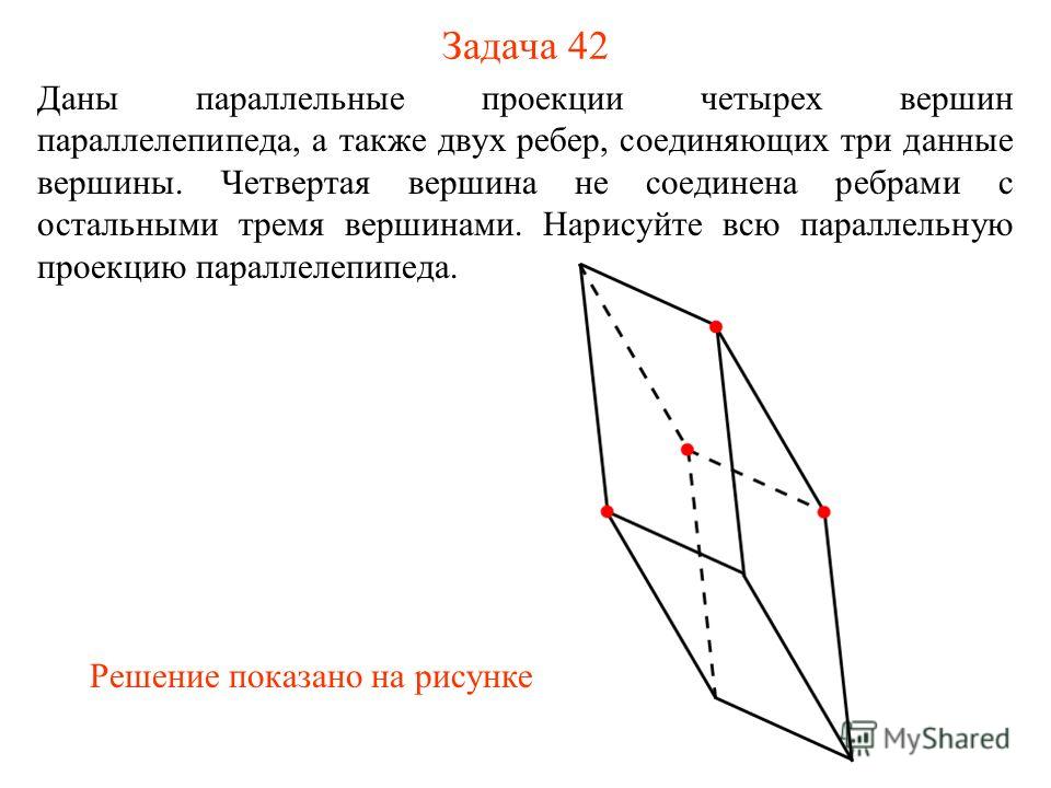Задача 42 Даны параллельные проекции четырех вершин параллелепипеда, а также двух ребер, соединяющих три данные вершины. Четвертая вершина не соединена ребрами с остальными тремя вершинами. Нарисуйте всю параллельную проекцию параллелепипеда. Решение