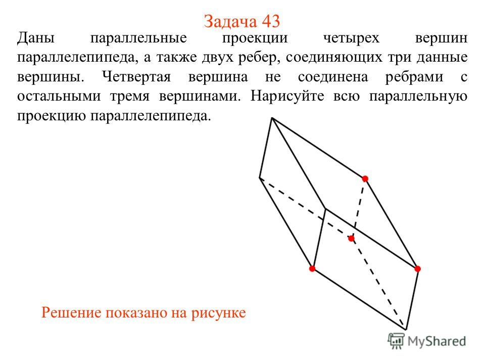 Задача 43 Даны параллельные проекции четырех вершин параллелепипеда, а также двух ребер, соединяющих три данные вершины. Четвертая вершина не соединена ребрами с остальными тремя вершинами. Нарисуйте всю параллельную проекцию параллелепипеда. Решение