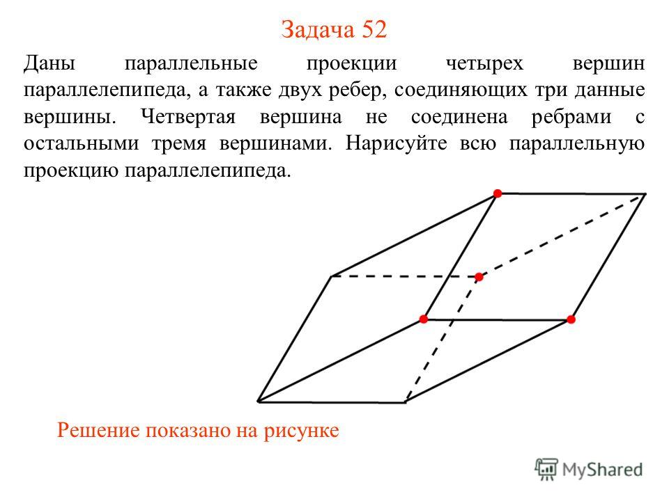 Задача 52 Даны параллельные проекции четырех вершин параллелепипеда, а также двух ребер, соединяющих три данные вершины. Четвертая вершина не соединена ребрами с остальными тремя вершинами. Нарисуйте всю параллельную проекцию параллелепипеда. Решение