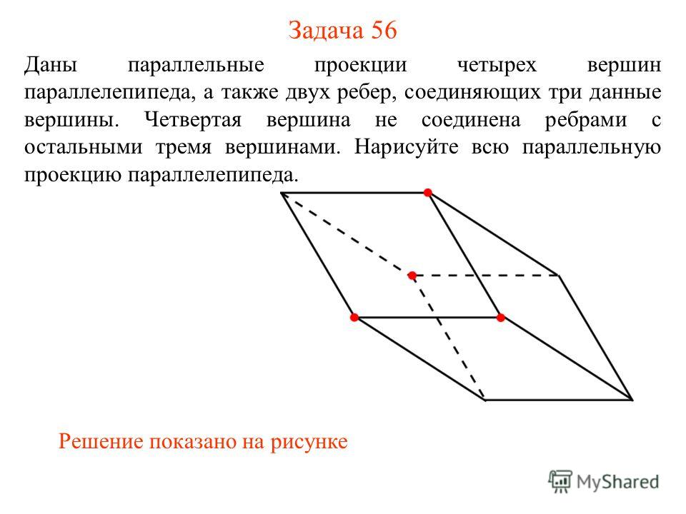 Задача 56 Даны параллельные проекции четырех вершин параллелепипеда, а также двух ребер, соединяющих три данные вершины. Четвертая вершина не соединена ребрами с остальными тремя вершинами. Нарисуйте всю параллельную проекцию параллелепипеда. Решение