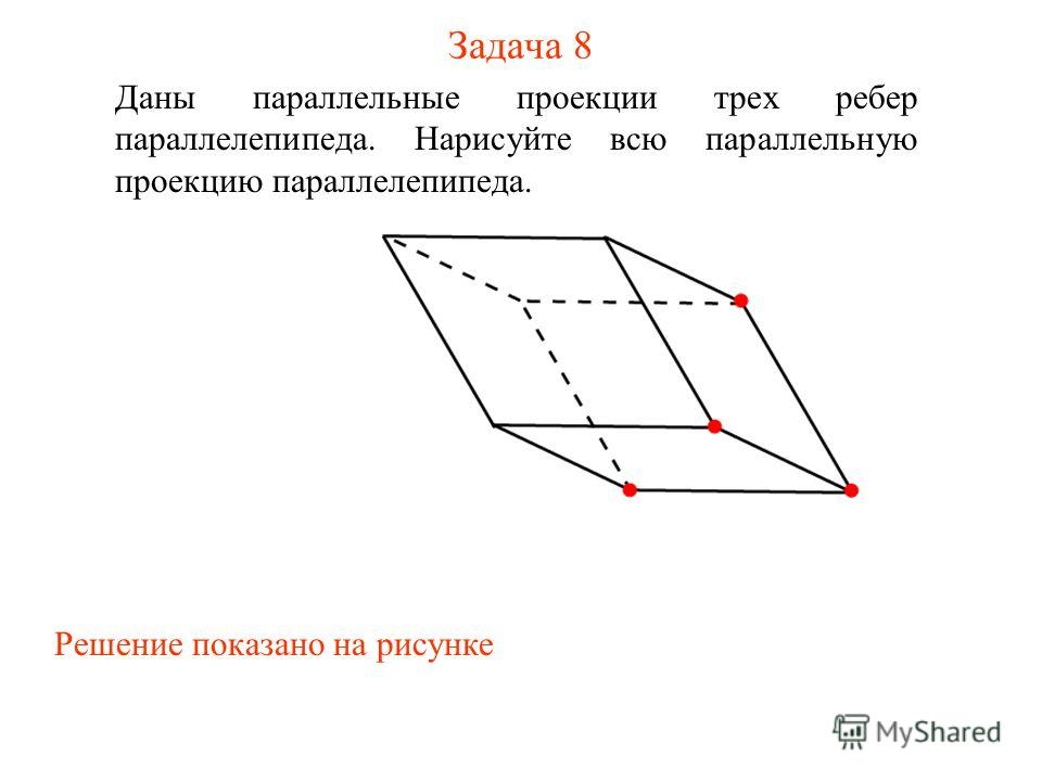 Задача 8 Даны параллельные проекции трех ребер параллелепипеда. Нарисуйте всю параллельную проекцию параллелепипеда. Решение показано на рисунке