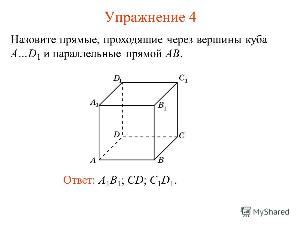 Ответ: A 1 B 1 ; CD; C 1 D 1. Назовите прямые, проходящие через вершины куба A…D 1 и параллельные прямой AB. Упражнение 4