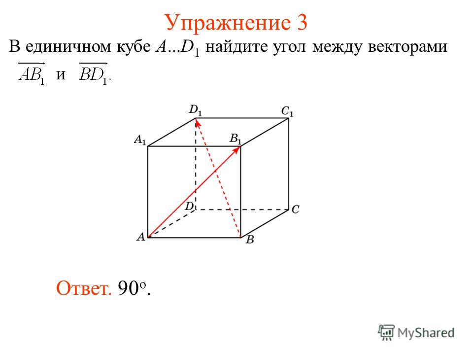 Упражнение 3 Ответ. 90 о. В единичном кубе A...D 1 найдите угол между векторами и