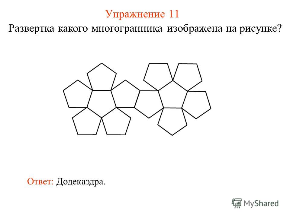 Упражнение 11 Развертка какого многогранника изображена на рисунке? Ответ: Додекаэдра.
