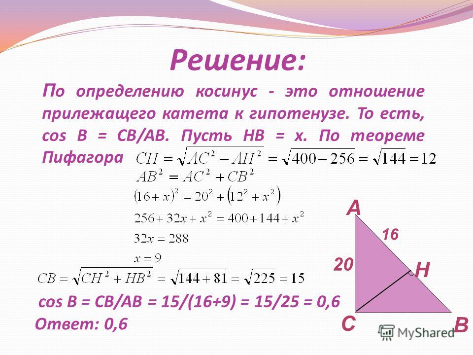 Решение: П о определению косинус - это отношение прилежащего катета к гипотенузе. То есть, cos В = СВ/AB. Пусть НВ = х. По теореме Пифагора cos В = СВ/AB = 15/(16+9) = 15/25 = 0,6 Ответ: 0,6 Н В С А 20 16