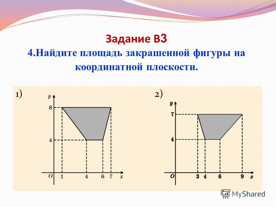 Задание В 3 4.Найдите площадь закрашенной фигуры на координатной плоскости. 1) 2)
