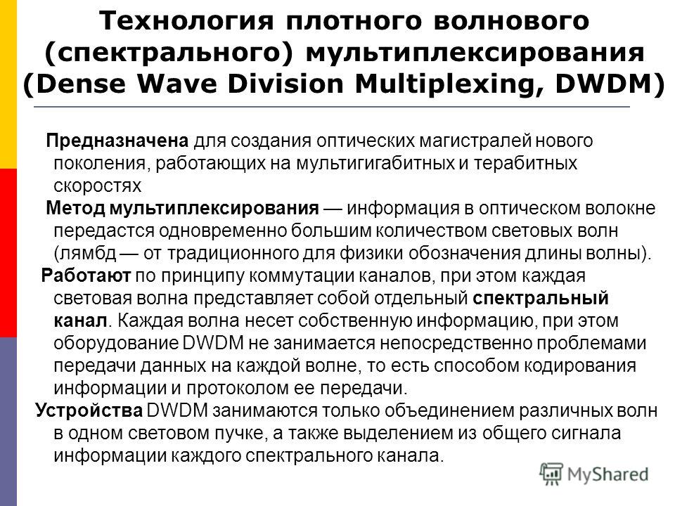 Технология плотного волнового (спектрального) мультиплексирования (Dense Wave Division Multiplexing, DWDM) Предназначена для создания оптических магистралей нового поколения, работающих на мультигигабитных и терабитных скоростях Метод мультиплексиров