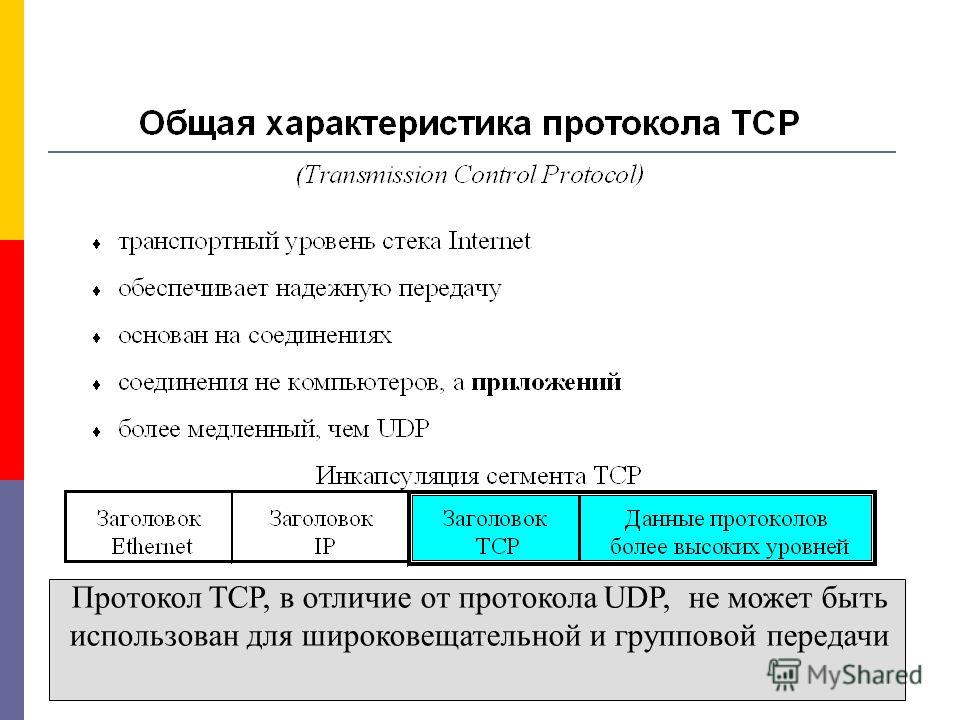 Протокол TCP, в отличие от протокола UDP, не может быть использован для широковещательной и групповой передачи