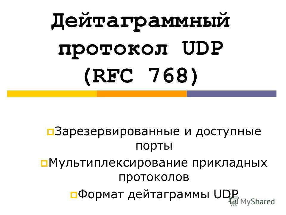 Дейтаграммный протокол UDP (RFC 768) Зарезервированные и доступные порты Мультиплексирование прикладных протоколов Формат дейтаграммы UDP