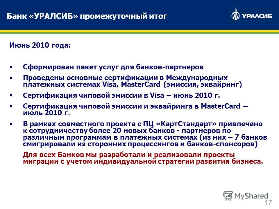 17 Июнь 2010 года: Cформирован пакет услуг для банков-партнеров Проведены основные сертификации в Международных платежных системах Visa, MasterCard (эмиссия, эквайринг) Сертификация чиповой эмиссии в Visa – июнь 2010 г. Сертификация чиповой эмиссии и