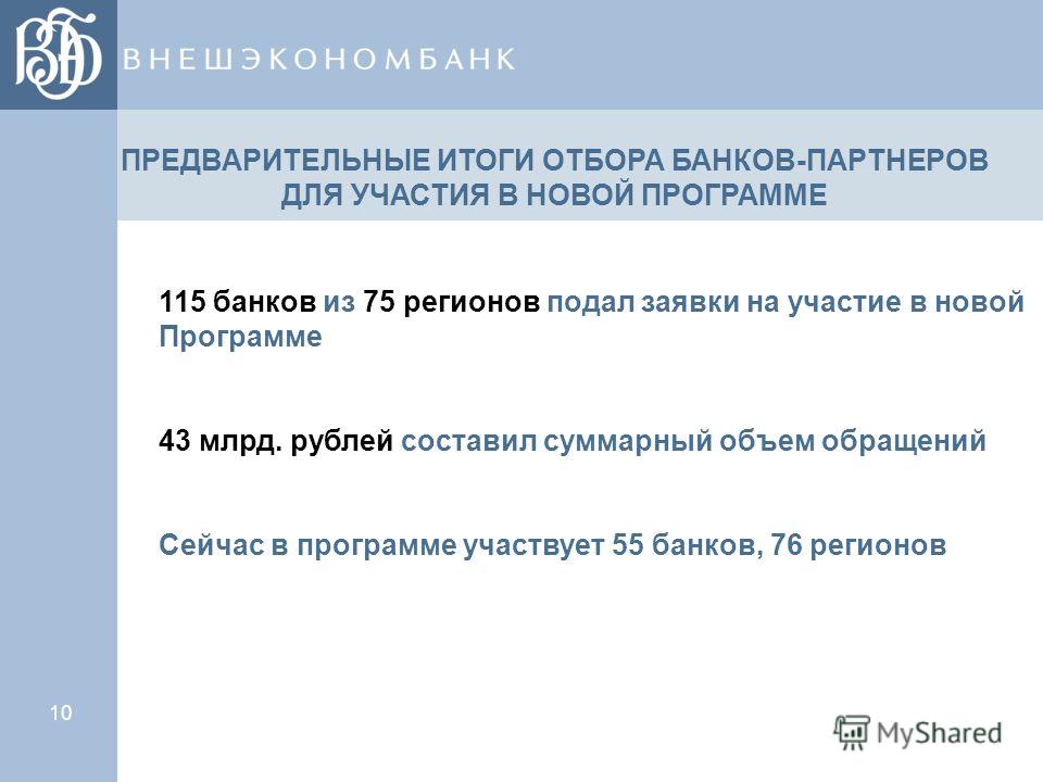10 ПРЕДВАРИТЕЛЬНЫЕ ИТОГИ ОТБОРА БАНКОВ-ПАРТНЕРОВ ДЛЯ УЧАСТИЯ В НОВОЙ ПРОГРАММЕ 115 банков из 75 регионов подал заявки на участие в новой Программе 43 млрд. рублей составил суммарный объем обращений Сейчас в программе участвует 55 банков, 76 регионов