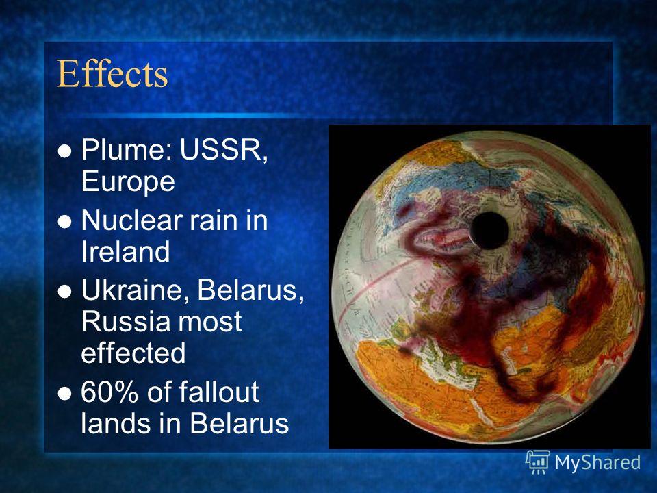 Effects Plume: USSR, Europe Nuclear rain in Ireland Ukraine, Belarus, Russia most effected 60% of fallout lands in Belarus