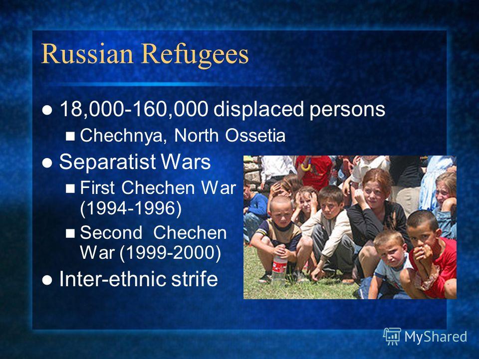 Russian Refugees 18,000-160,000 displaced persons Chechnya, North Ossetia Separatist Wars First Chechen War (1994-1996) Second Chechen War (1999-2000) Inter-ethnic strife