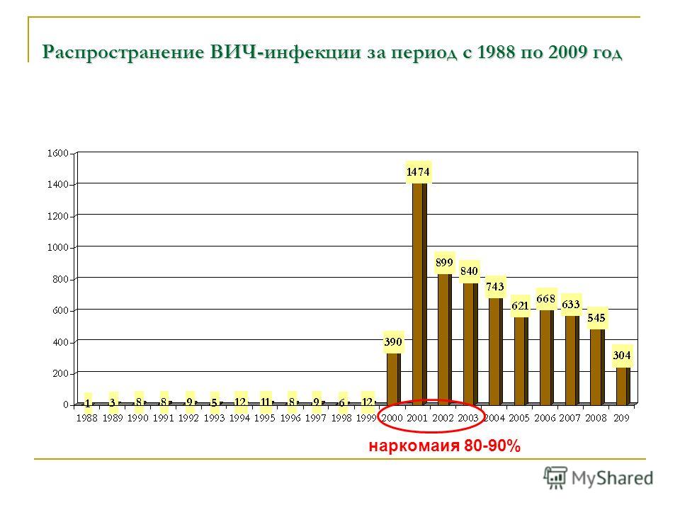 Распространение ВИЧ-инфекции за период с 1988 по 2009 год наркомаия 80-90%