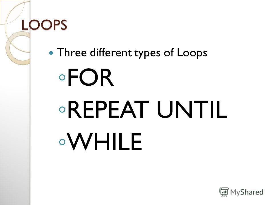 LOOPS Three different types of Loops FOR REPEAT UNTIL WHILE