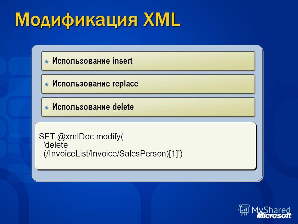 Модификация XML SET @xmlDoc.modify( 'insert element salesperson {