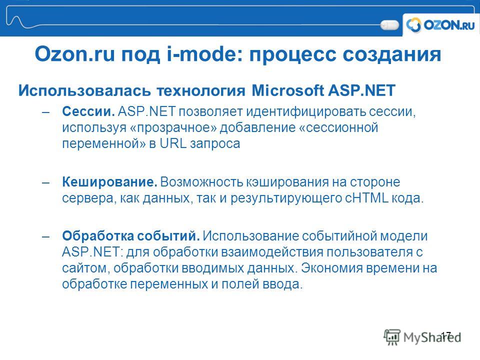17 Ozon.ru под i-mode: процесс создания Использовалась технология Microsoft ASP.NET –Сессии. ASP.NET позволяет идентифицировать сессии, используя «прозрачное» добавление «сессионной переменной» в URL запроса –Кеширование. Возможность кэширования на с
