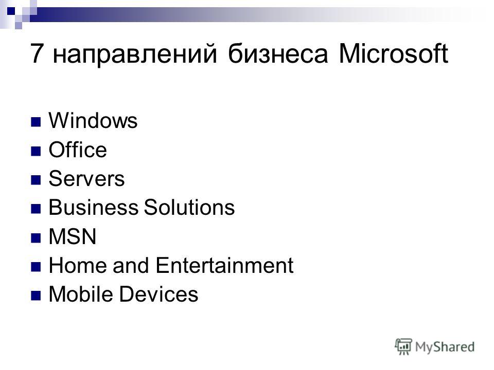 7 направлений бизнеса Microsoft Windows Office Servers Business Solutions MSN Home and Entertainment Mobile Devices