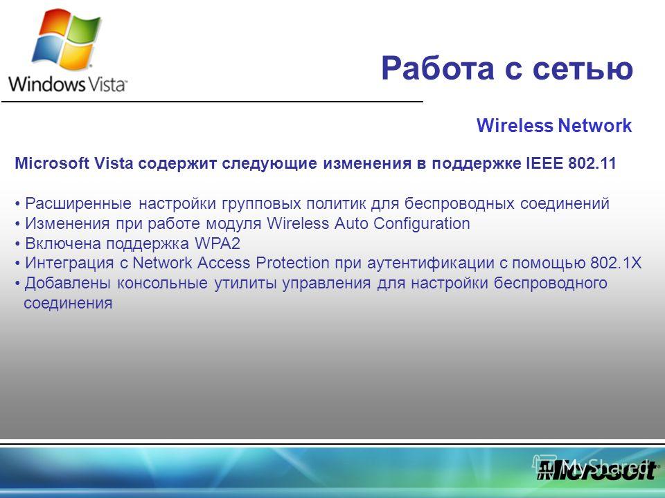 Работа с сетью Wireless Network Microsoft Vista содержит следующие изменения в поддержке IEEE 802.11 Расширенные настройки групповых политик для беспроводных соединений Изменения при работе модуля Wireless Auto Configuration Включена поддержка WPA2 И