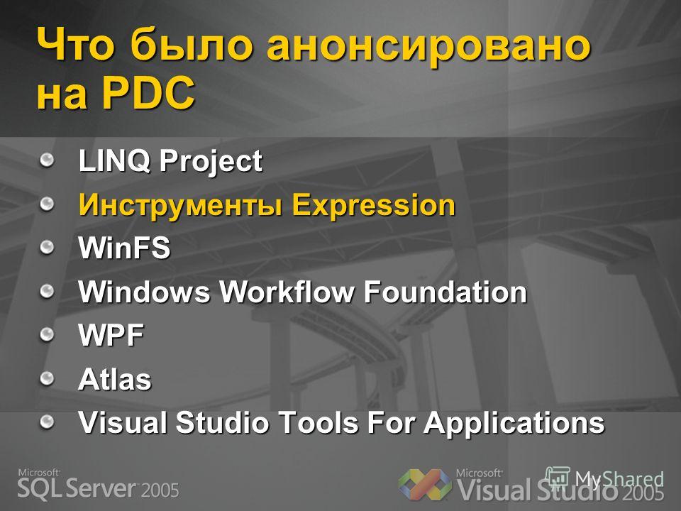 Что было анонсировано на PDC LINQ Project Инструменты Expression WinFS Windows Workflow Foundation WPFAtlas Visual Studio Tools For Applications