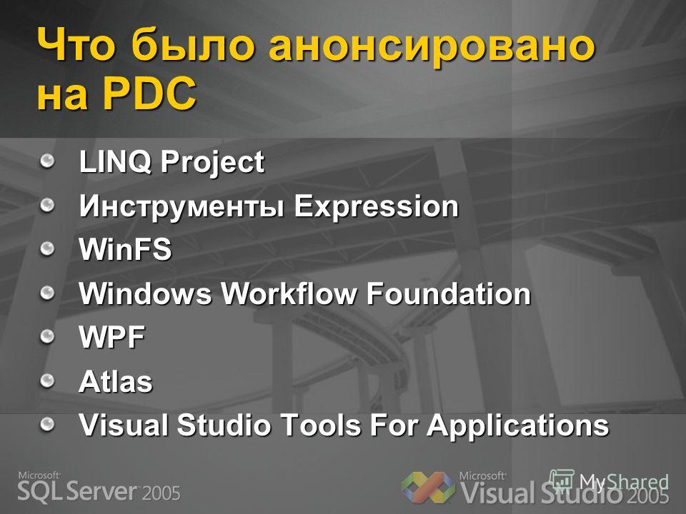 Что было анонсировано на PDC LINQ Project Инструменты Expression WinFS Windows Workflow Foundation WPFAtlas Visual Studio Tools For Applications